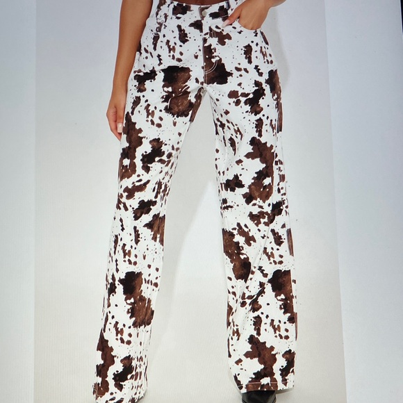 Sincerly Jules Pants - Sincerely Jules White and Brown Wide Leg cow print Pants